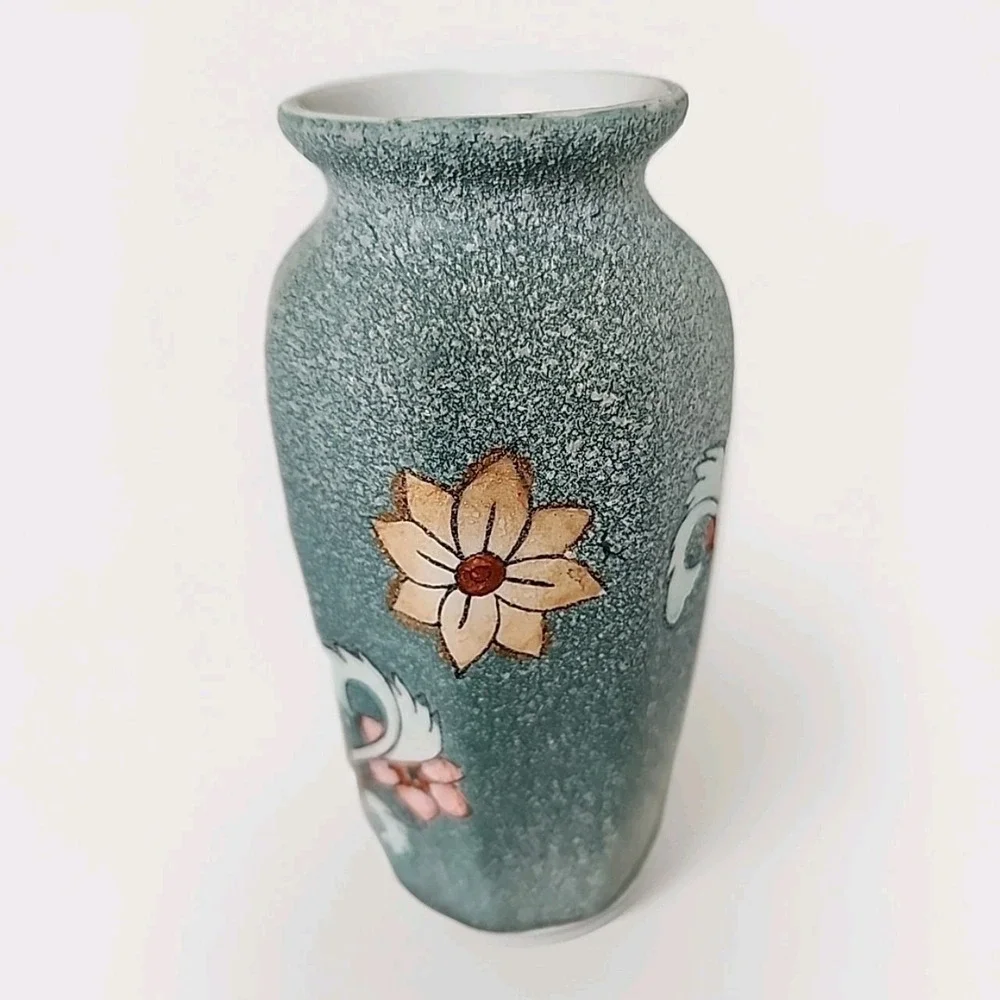Vintage 1960s Vase Hand-Painted Celadon Green & Floral‎ 4.75
